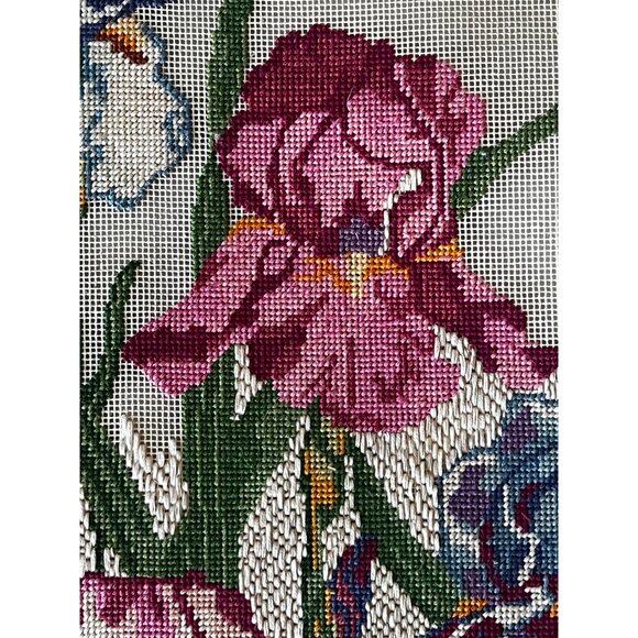 Hand-Stitched Needlepoint Iris Floral Canvas Art Unfinished w/ Materials & Bars - Picture 3 of 16